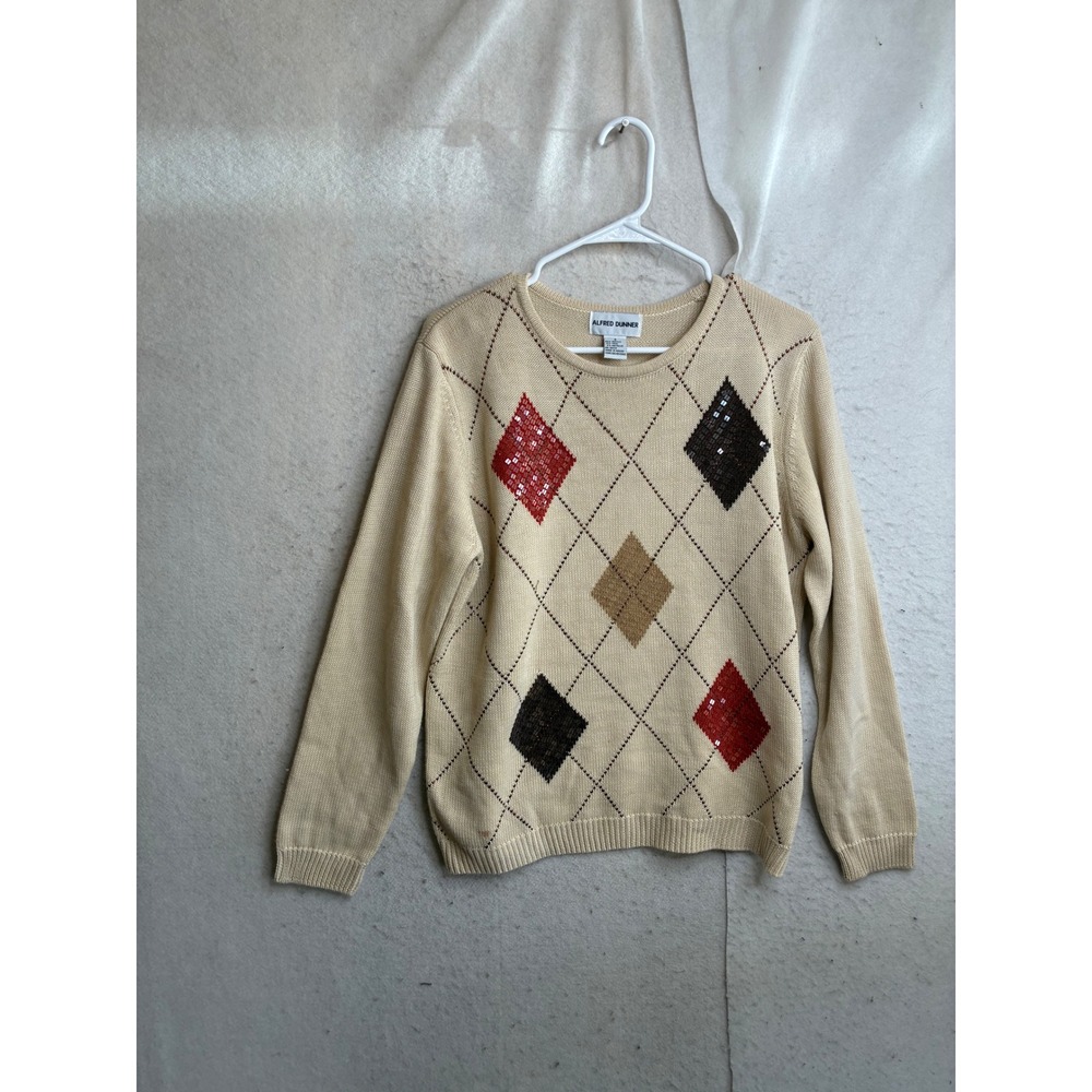 Alfred Dunner Argyle Sequin Sweater Cream Tan Wool Blend Crew Neck Size S 8874